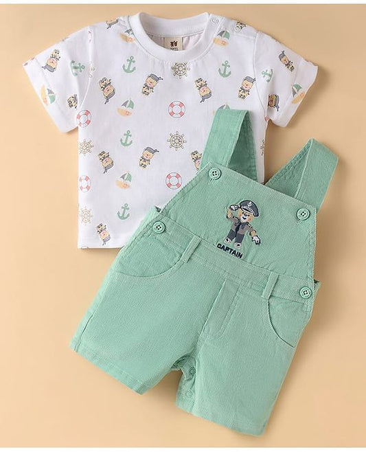 ToffyHouse  Dungaree & T-Shirt with Nautical Theme Print & Embroidery - Light Green & White