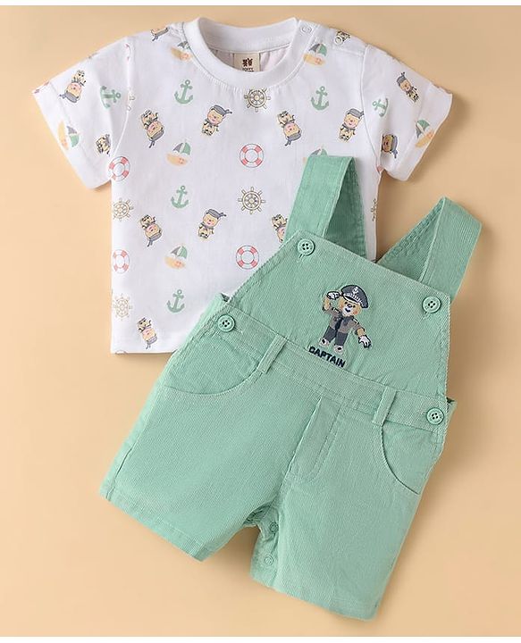 ToffyHouse  Dungaree & T-Shirt with Nautical Theme Print & Embroidery - Light Green & White