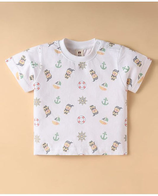 ToffyHouse  Dungaree & T-Shirt with Nautical Theme Print & Embroidery - Light Green & White