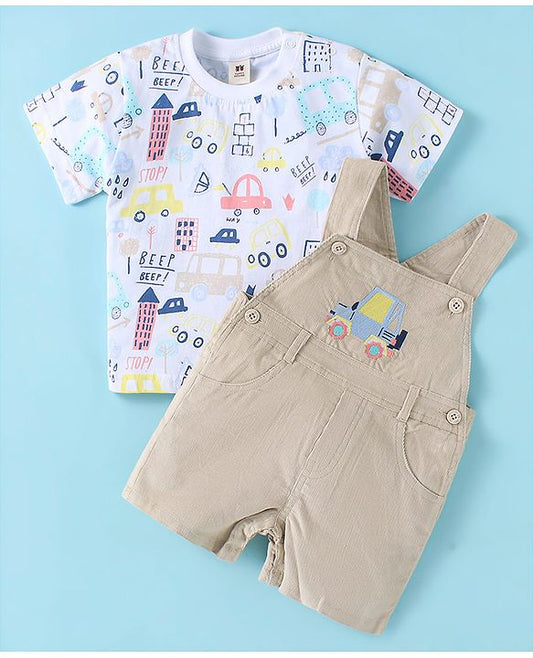 ToffyHouse Half Sleeves Dungaree & T-Shirt with Vehicle Print & Embroidery - Tan & White