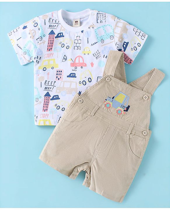 ToffyHouse Half Sleeves Dungaree & T-Shirt with Vehicle Print & Embroidery - Tan & White