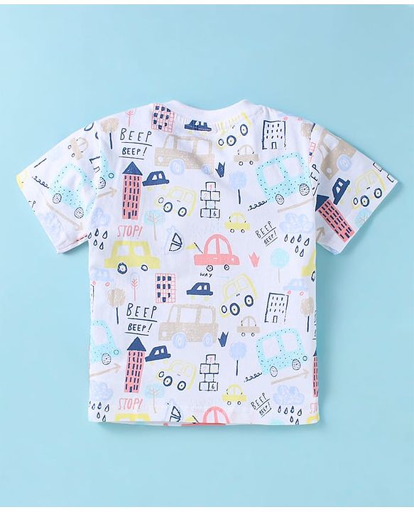 ToffyHouse Half Sleeves Dungaree & T-Shirt with Vehicle Print & Embroidery - Tan & White