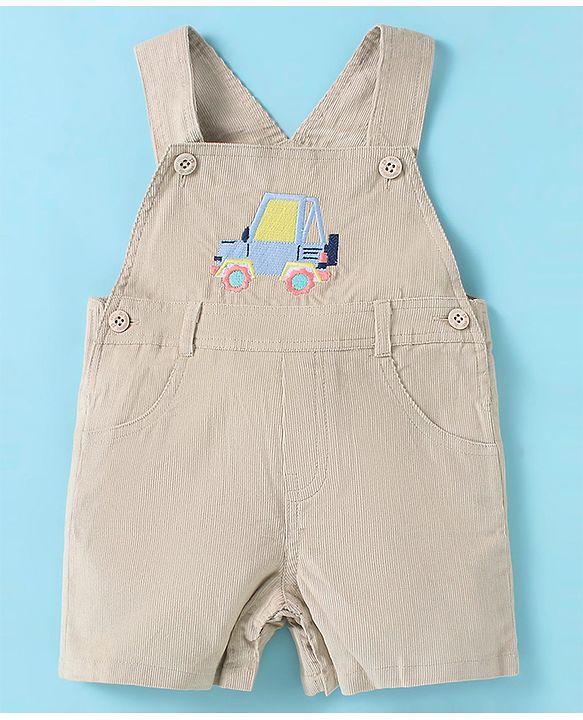 ToffyHouse Half Sleeves Dungaree & T-Shirt with Vehicle Print & Embroidery - Tan & White