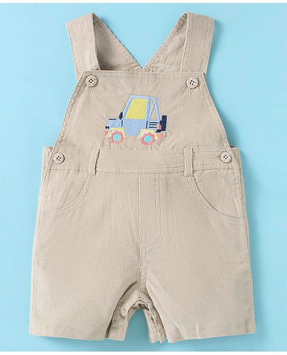 ToffyHouse Half Sleeves Dungaree & T-Shirt with Vehicle Print & Embroidery - Tan & White