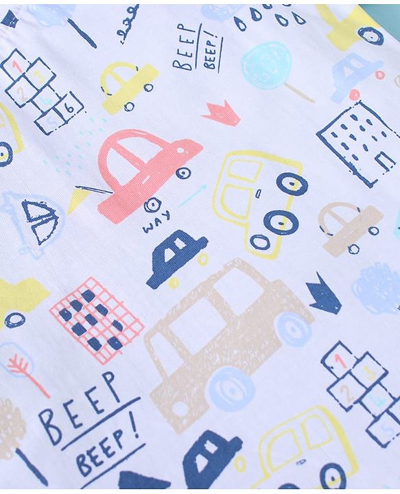 ToffyHouse Half Sleeves Dungaree & T-Shirt with Vehicle Print & Embroidery - Tan & White
