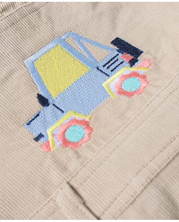 ToffyHouse Half Sleeves Dungaree & T-Shirt with Vehicle Print & Embroidery - Tan & White