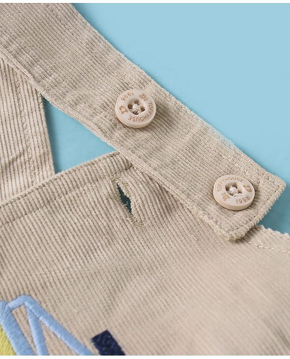 ToffyHouse Half Sleeves Dungaree & T-Shirt with Vehicle Print & Embroidery - Tan & White