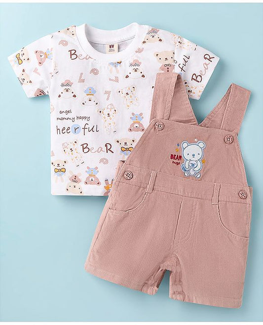 ToffyHous Dungaree & Half Sleeves T-Shirt With Teddy Bear Print & Patch - Brown