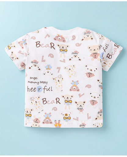 ToffyHous Dungaree & Half Sleeves T-Shirt With Teddy Bear Print & Patch - Brown