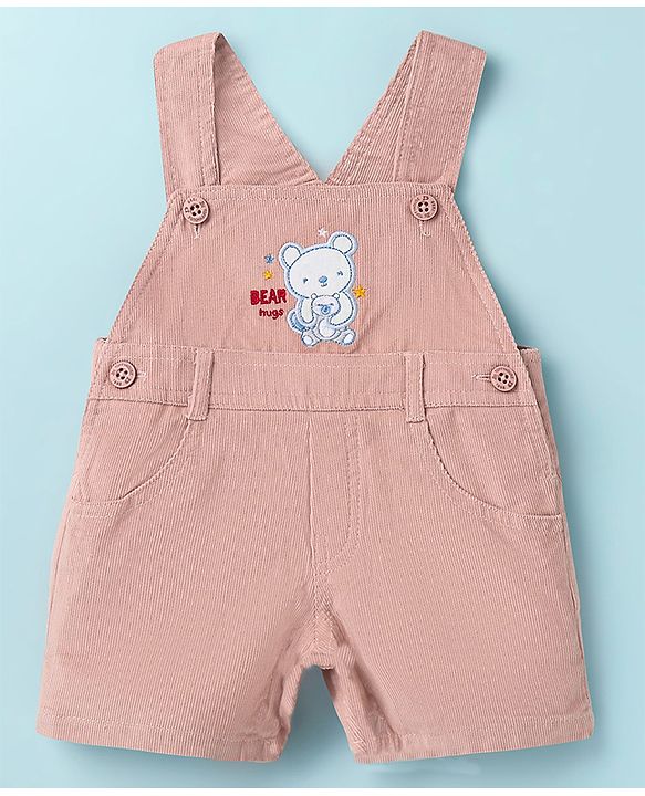 ToffyHous Dungaree & Half Sleeves T-Shirt With Teddy Bear Print & Patch - Brown