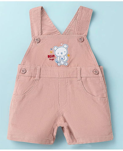 ToffyHous Dungaree & Half Sleeves T-Shirt With Teddy Bear Print & Patch - Brown