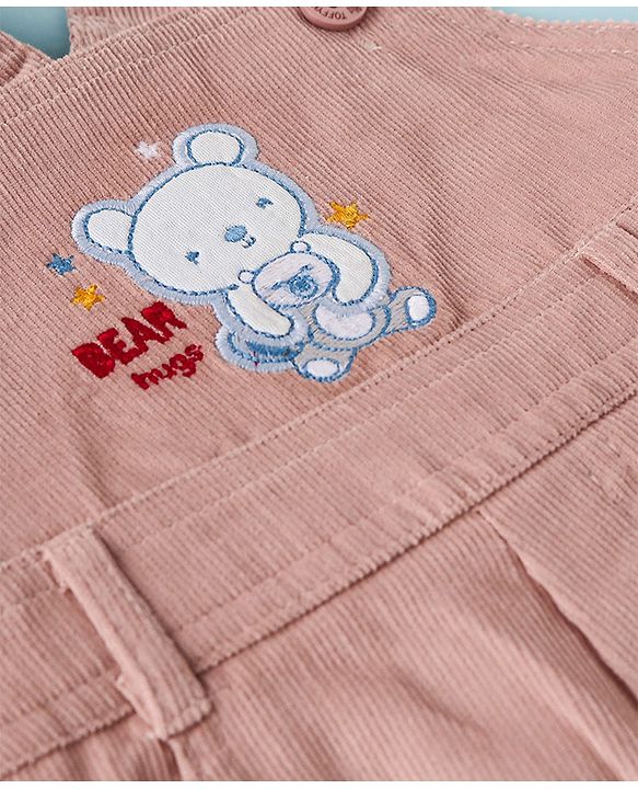 ToffyHous Dungaree & Half Sleeves T-Shirt With Teddy Bear Print & Patch - Brown