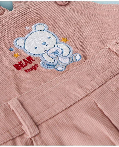 ToffyHous Dungaree & Half Sleeves T-Shirt With Teddy Bear Print & Patch - Brown