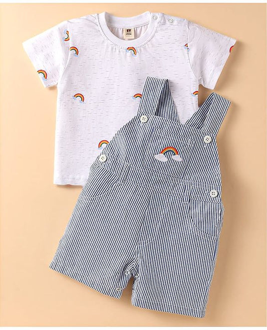 ToffyHouse  Half Sleeves T-Shirt & Dungaree with Stripes & Rainbow Embroidery - Blue & White
