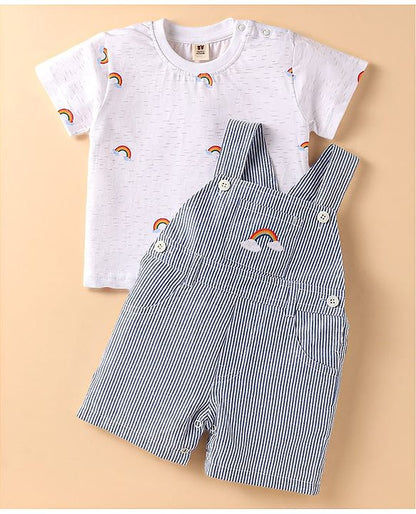 ToffyHouse  Half Sleeves T-Shirt & Dungaree with Stripes & Rainbow Embroidery - Blue & White