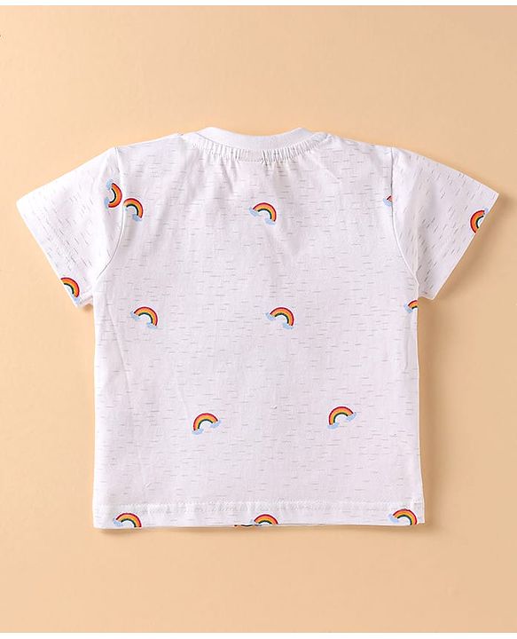 ToffyHouse  Half Sleeves T-Shirt & Dungaree with Stripes & Rainbow Embroidery - Blue & White