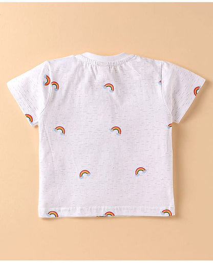ToffyHouse  Half Sleeves T-Shirt & Dungaree with Stripes & Rainbow Embroidery - Blue & White