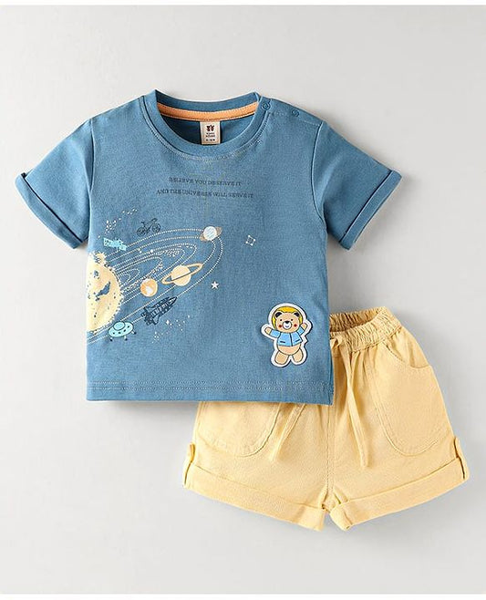 ToffyHouse  Half Sleeves Set With Space Print  - Blue & Golden