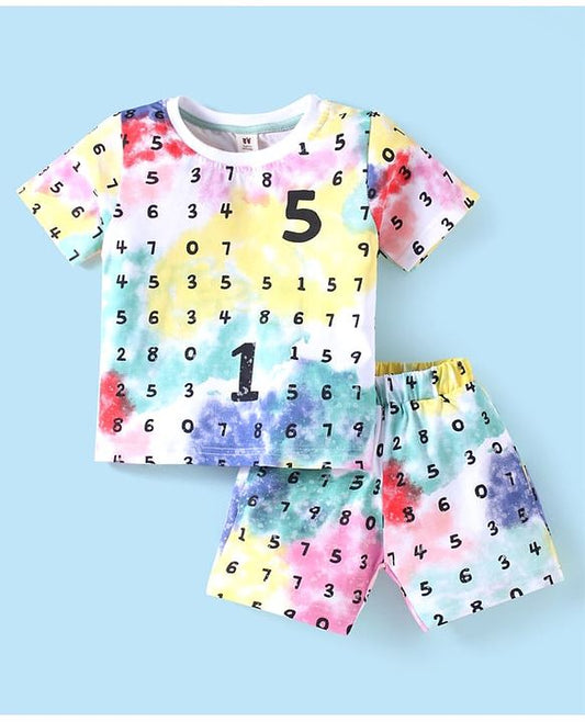 ToffyHouse Half Sleeves Co-ords T-Shirt & Shorts Set with Numbers Print - White