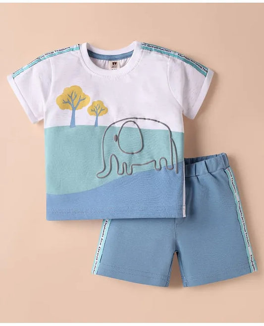 ToffyHouse Cotton Knit Half Sleeves T-Shirt & Shorts Set With Elephant Print - Blue