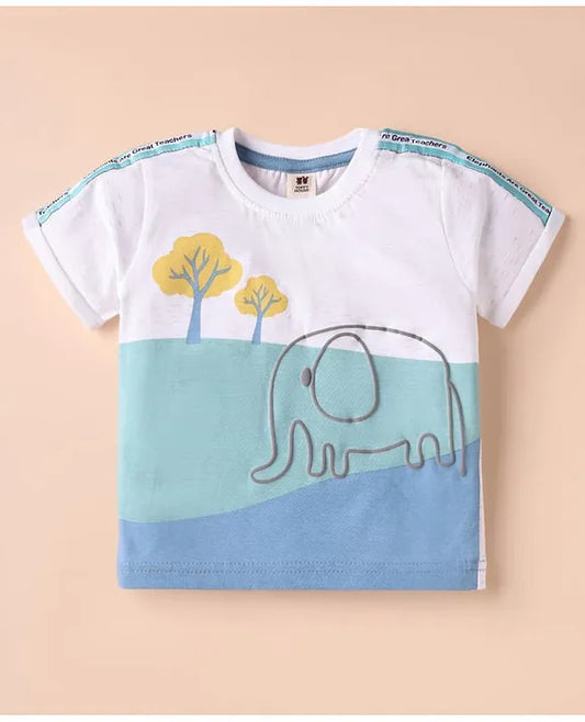 ToffyHouse Cotton Knit Half Sleeves T-Shirt & Shorts Set With Elephant Print - Blue