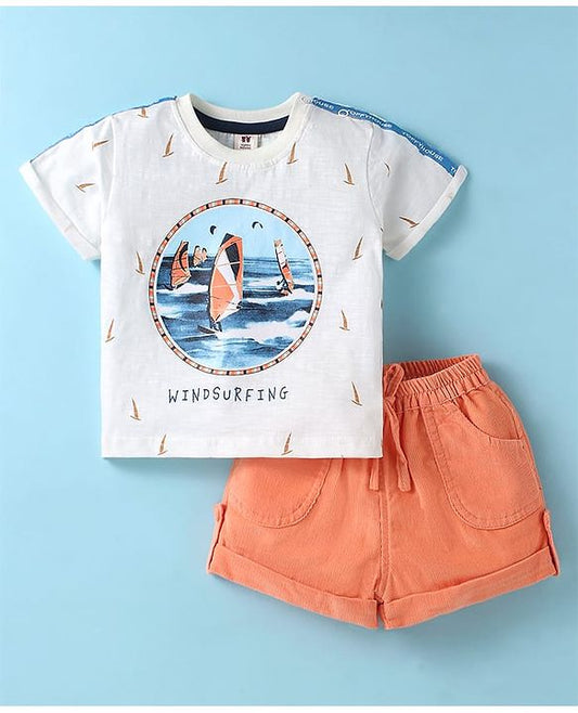 ToffyHouse Half Sleeves T-Shirt & Shorts Set With Boat Print - White & Orange