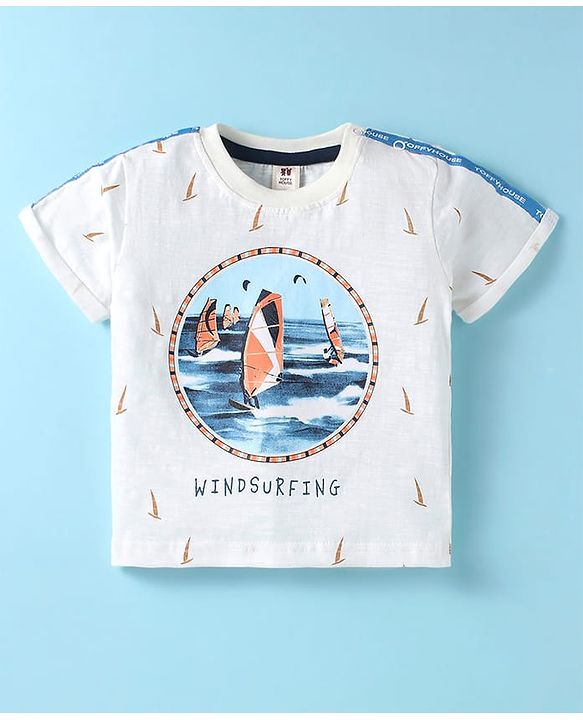 ToffyHouse Half Sleeves T-Shirt & Shorts Set With Boat Print - White & Orange