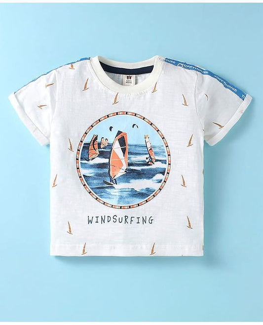 ToffyHouse Half Sleeves T-Shirt & Shorts Set With Boat Print - White & Orange