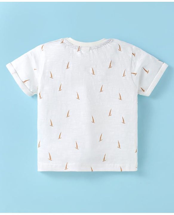 ToffyHouse Half Sleeves T-Shirt & Shorts Set With Boat Print - White & Orange