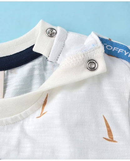 ToffyHouse Half Sleeves T-Shirt & Shorts Set With Boat Print - White & Orange