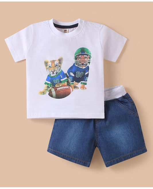 ToffyHouse  Half Sleeves T-Shirt & Shorts Set with Animal Print - White & Blue