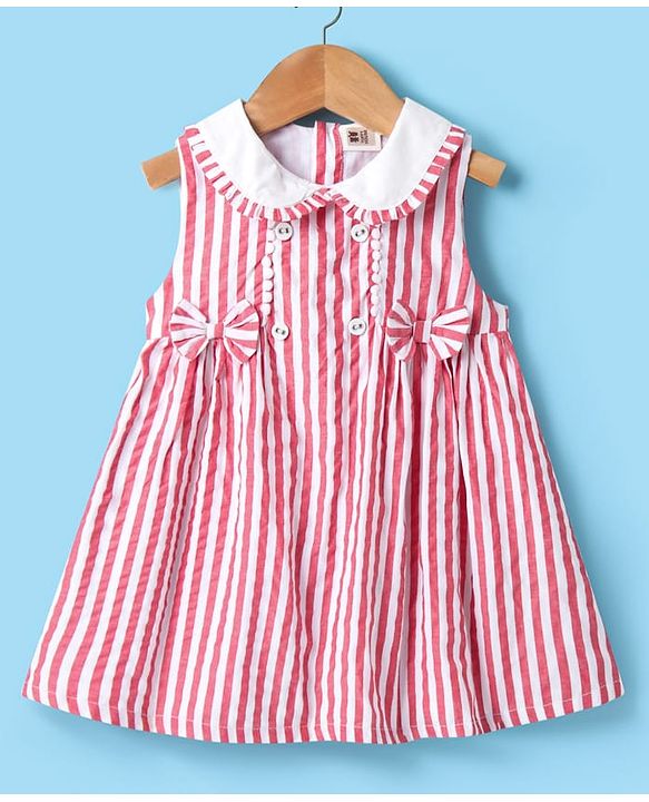 ToffyHouse Sleeveless Peter Pan Collared Frock with Stripes &amp; Bow Applique - Red