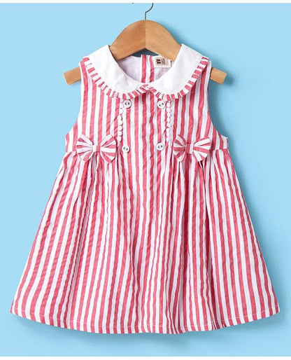 ToffyHouse Sleeveless Peter Pan Collared Frock with Stripes &amp; Bow Applique - Red