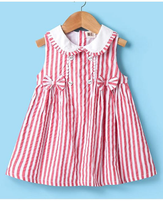 ToffyHouse Sleeveless Peter Pan Collared Frock with Stripes &amp; Bow Applique - Red