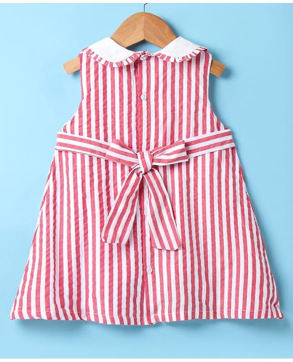 ToffyHouse Sleeveless Peter Pan Collared Frock with Stripes &amp; Bow Applique - Red