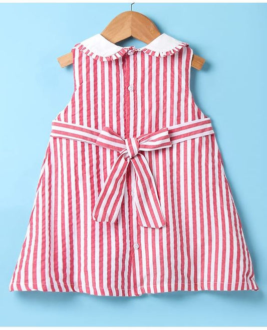 ToffyHouse Sleeveless Peter Pan Collared Frock with Stripes &amp; Bow Applique - Red