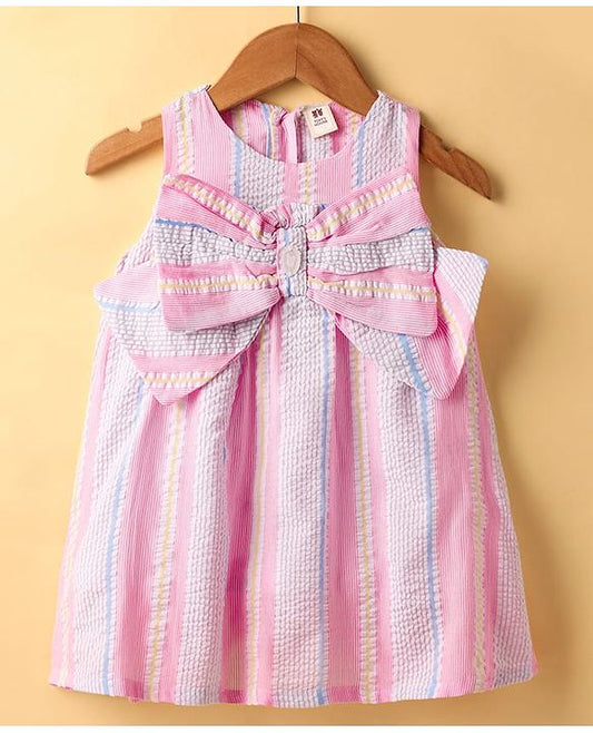 ToffyHouse Sleeveless Striped Frock with Bow Applique - Pink