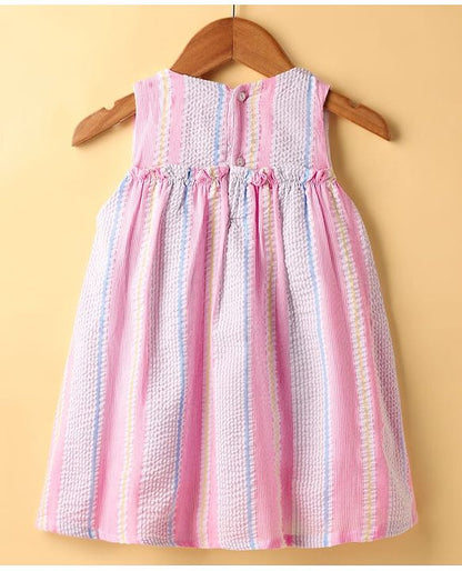 ToffyHouse Sleeveless Striped Frock with Bow Applique - Pink
