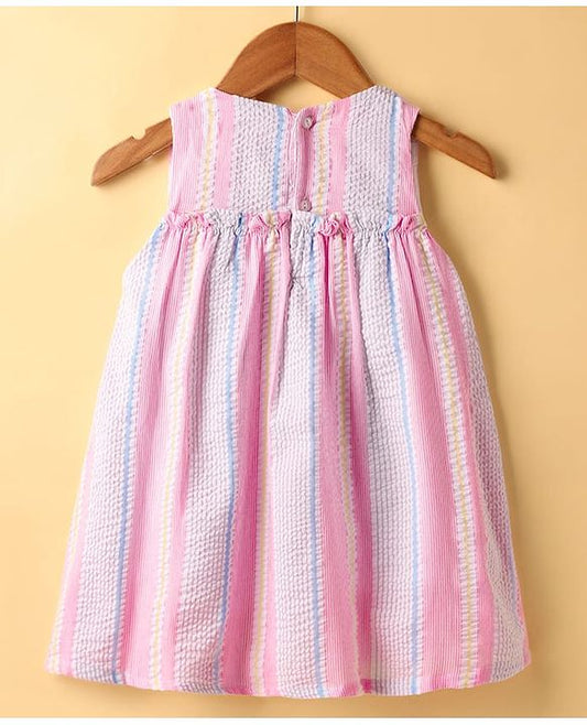 ToffyHouse Sleeveless Striped Frock with Bow Applique - Pink