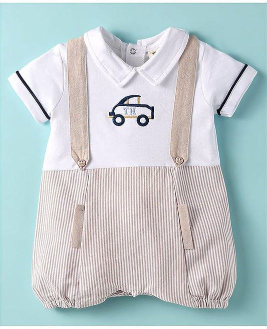ToffyHouse  Half Sleeves Striped Romper With Car Embroidery - Cream