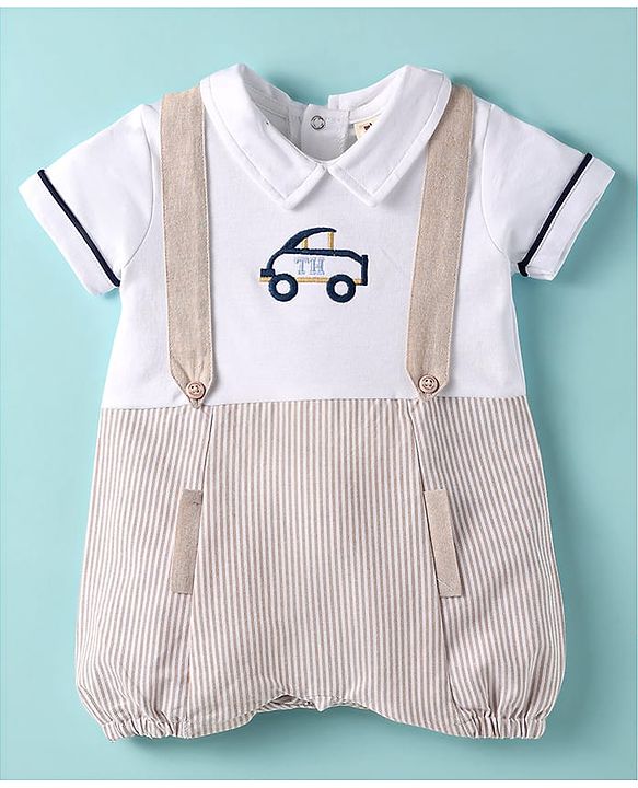 ToffyHouse  Half Sleeves Striped Romper With Car Embroidery - Cream