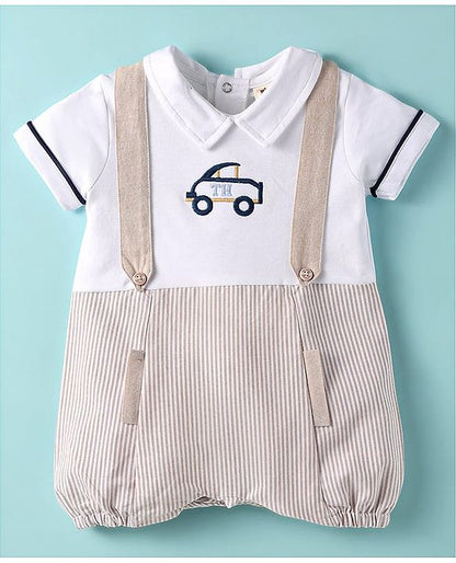 ToffyHouse  Half Sleeves Striped Romper With Car Embroidery - Cream