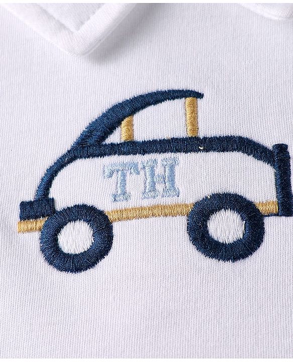 ToffyHouse  Half Sleeves Striped Romper With Car Embroidery - Cream