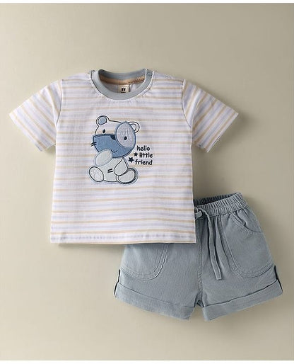 ToffyHouse  Half Sleeves T-Shirt & Shorts Set with Bear Patch & Stripes - Grey