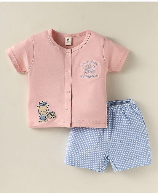 ToffyHouse  Half Sleeves  T-Shirt & Checkered Shorts Set with Bear Patch - Peach & Light Blue