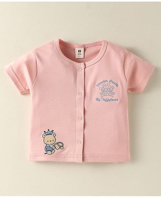 ToffyHouse  Half Sleeves  T-Shirt & Checkered Shorts Set with Bear Patch - Peach & Light Blue