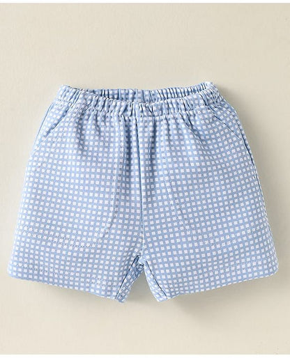 ToffyHouse  Half Sleeves  T-Shirt & Checkered Shorts Set with Bear Patch - Peach & Light Blue