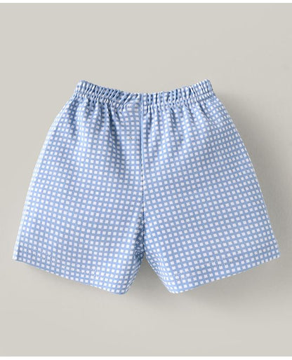 ToffyHouse  Half Sleeves  T-Shirt & Checkered Shorts Set with Bear Patch - Peach & Light Blue