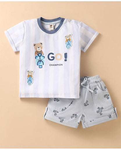ToffyHouse Half Sleeves Striped T-Shirt & Shorts Set with Bear Print & Patch - Light Blue & White