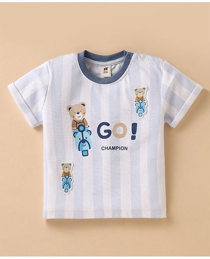 ToffyHouse Half Sleeves Striped T-Shirt & Shorts Set with Bear Print & Patch - Light Blue & White
